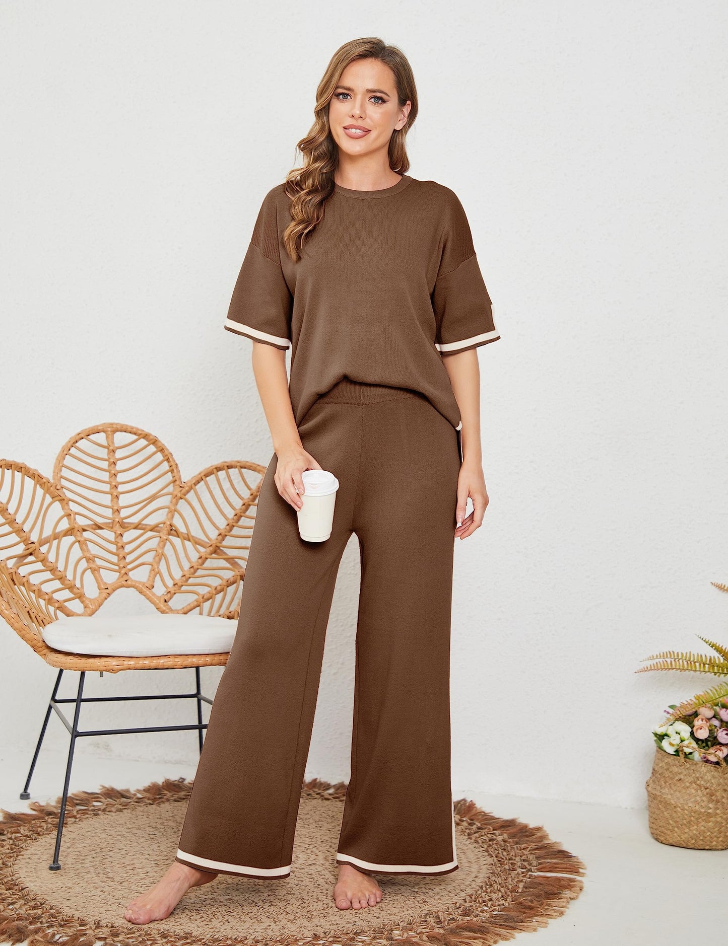 Faleave Womens Knit 2 Piece Sweater Sets Short Sleeve Pullover Tops Elastic Waist Wide Leg Pants Lounge Set Co-Ords Habits affär