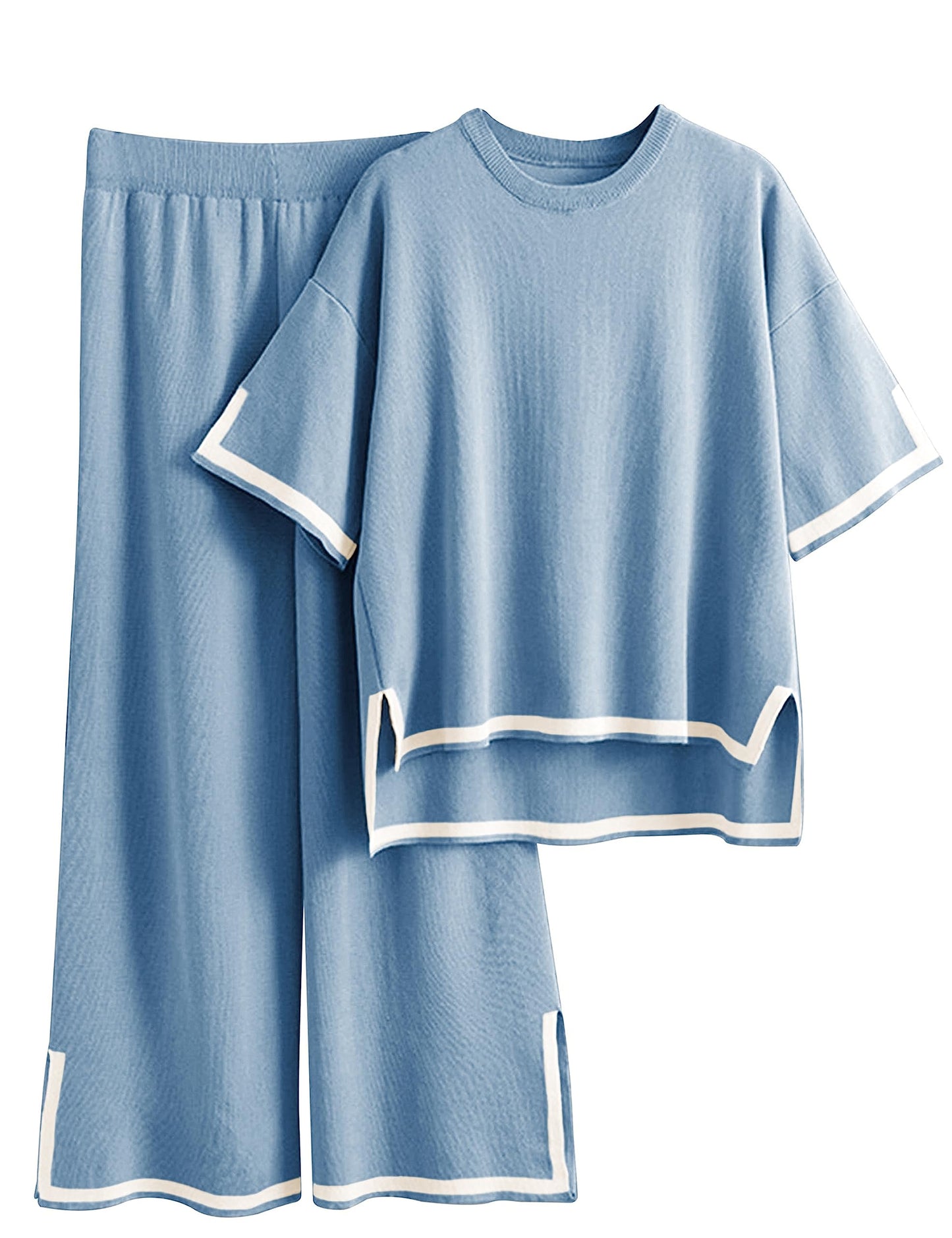 Faleave Womens Knit 2 Piece Sweater Sets Short Sleeve Pullover Tops Elastic Waist Wide Leg Pants Lounge Set Co-Ords Habits affär Blue X-Small