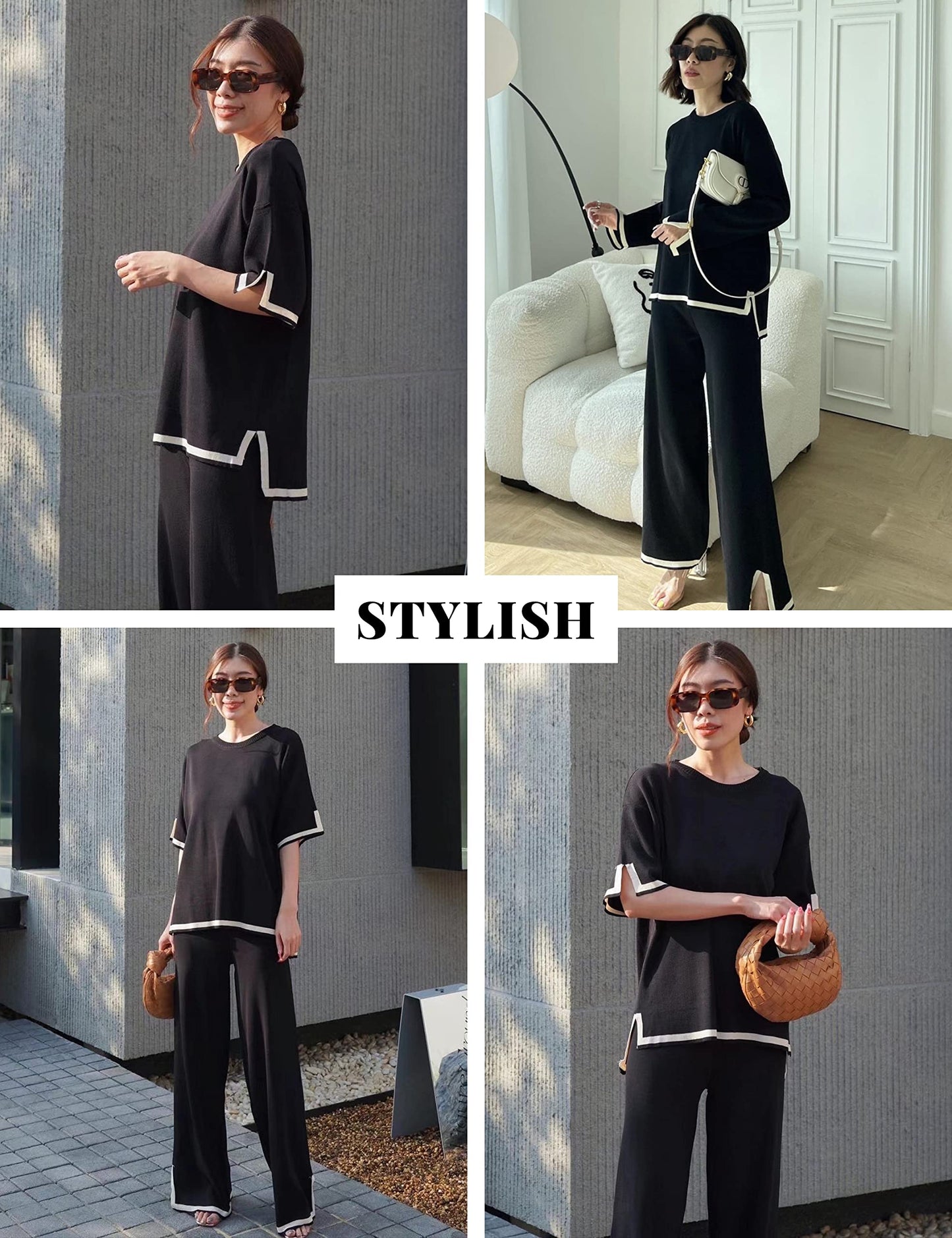 Faleave Womens Knit 2 Piece Sweater Sets Short Sleeve Pullover Tops Elastic Waist Wide Leg Pants Lounge Set Co-Ords Habits affär