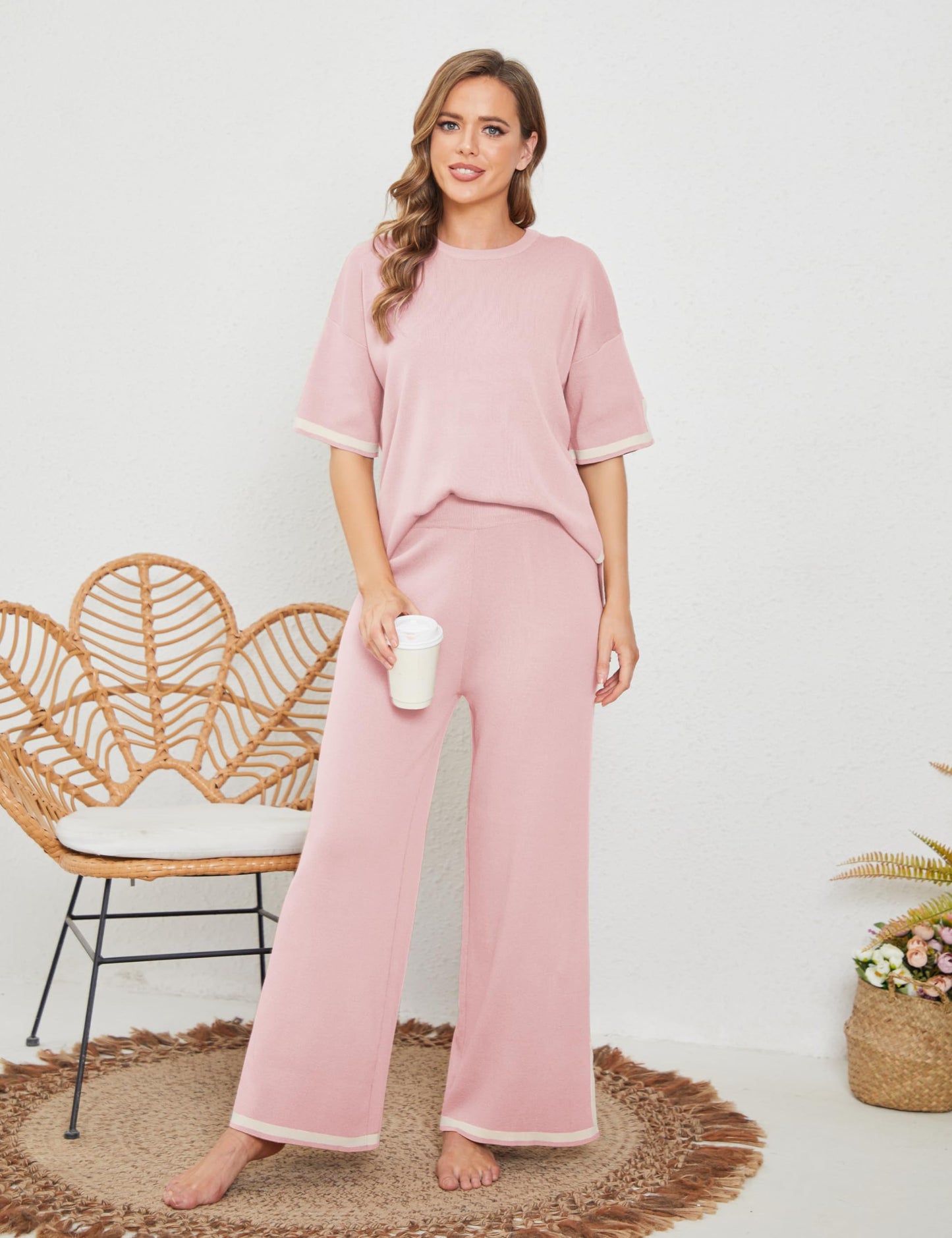 Faleave Womens Knit 2 Piece Sweater Sets Short Sleeve Pullover Tops Elastic Waist Wide Leg Pants Lounge Set Co-Ords Habits affär