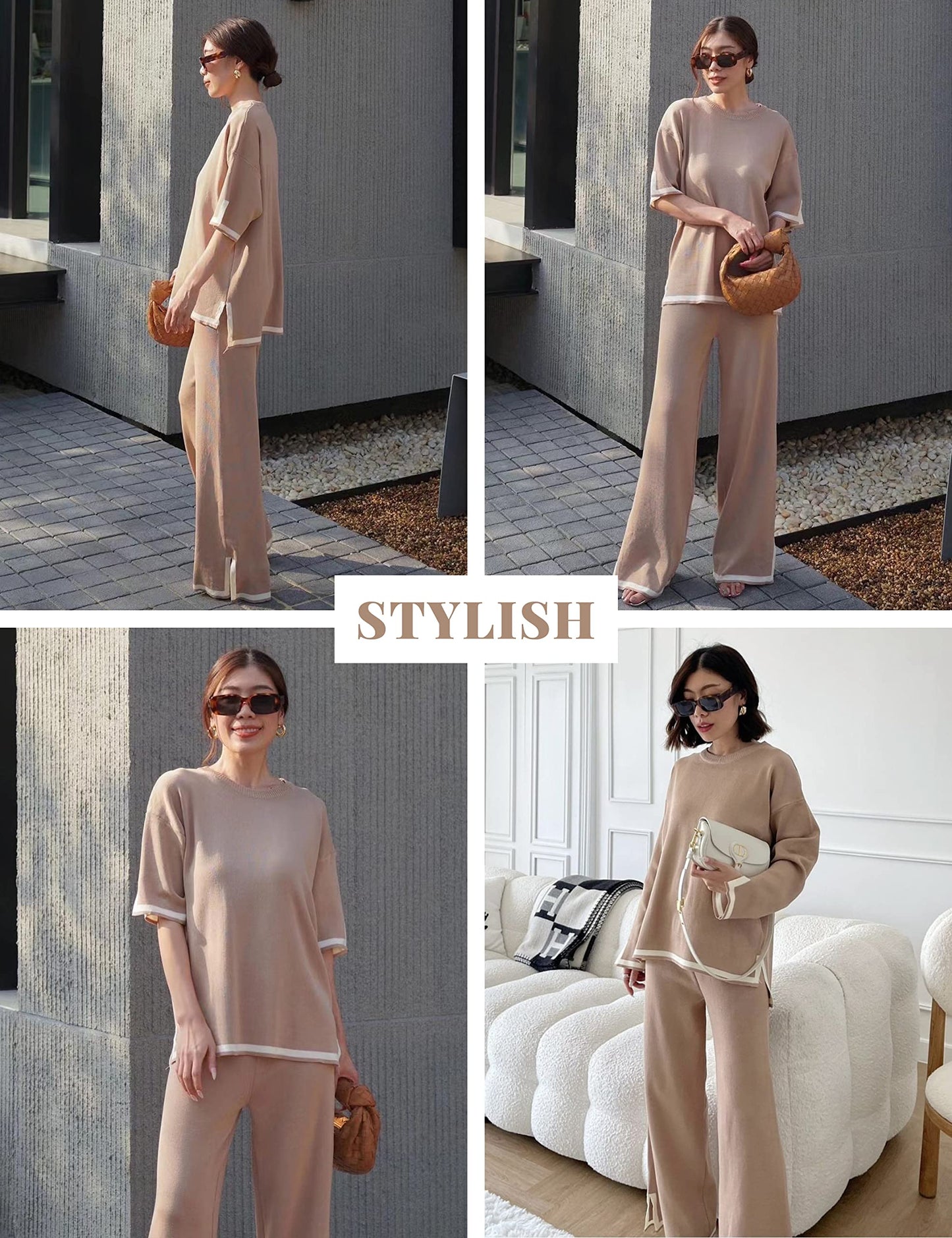 Faleave Womens Knit 2 Piece Sweater Sets Short Sleeve Pullover Tops Elastic Waist Wide Leg Pants Lounge Set Co-Ords Habits affär