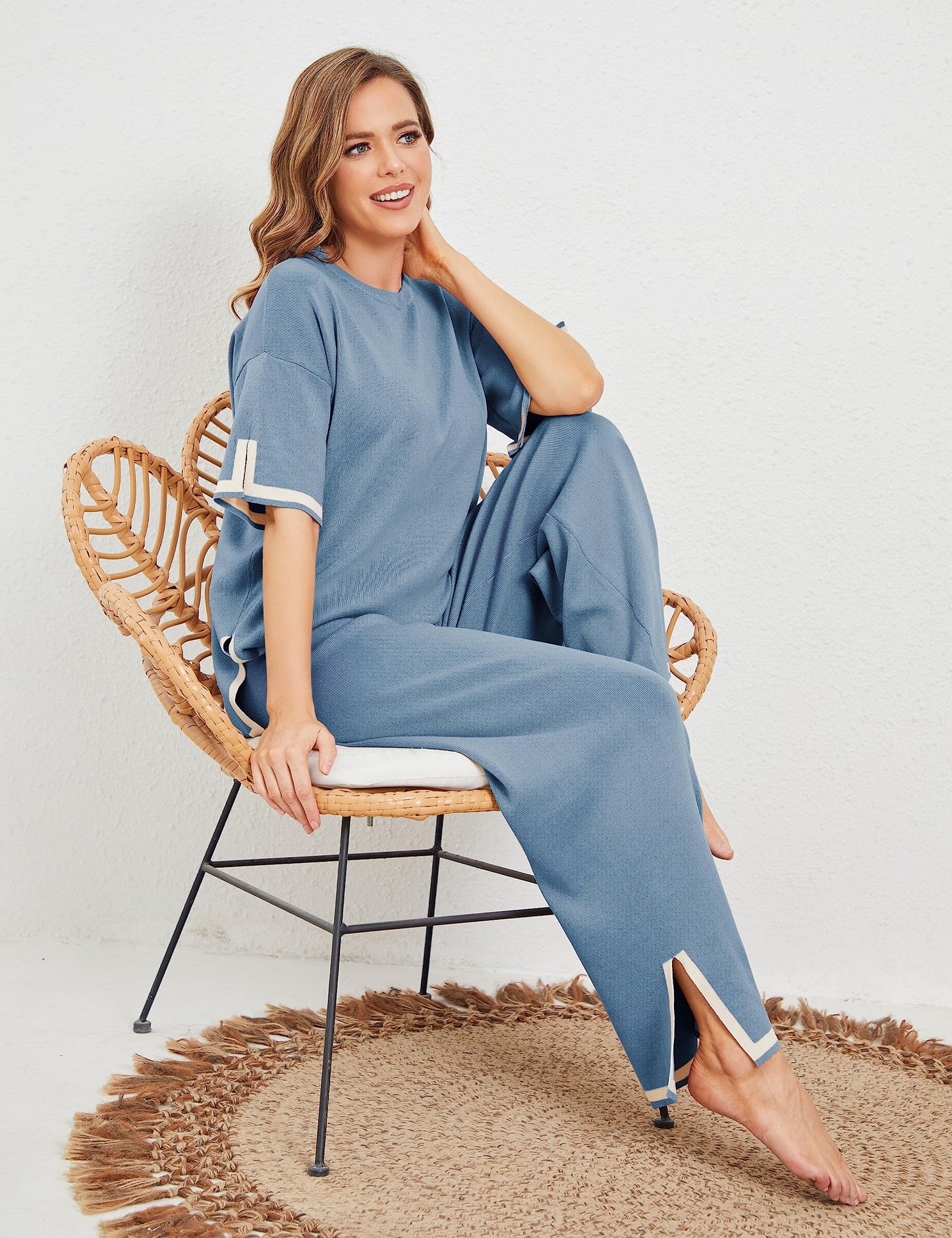 Faleave Womens Knit 2 Piece Sweater Sets Short Sleeve Pullover Tops Elastic Waist Wide Leg Pants Lounge Set Co-Ords Habits affär