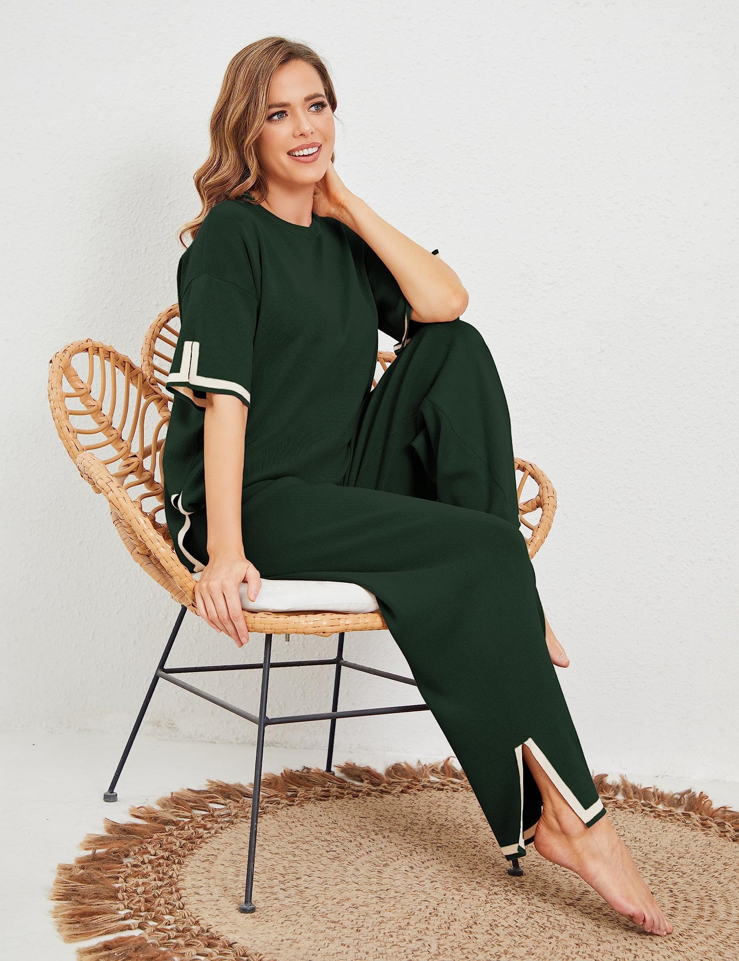 Faleave Womens Knit 2 Piece Sweater Sets Short Sleeve Pullover Tops Elastic Waist Wide Leg Pants Lounge Set Co-Ords Habits affär