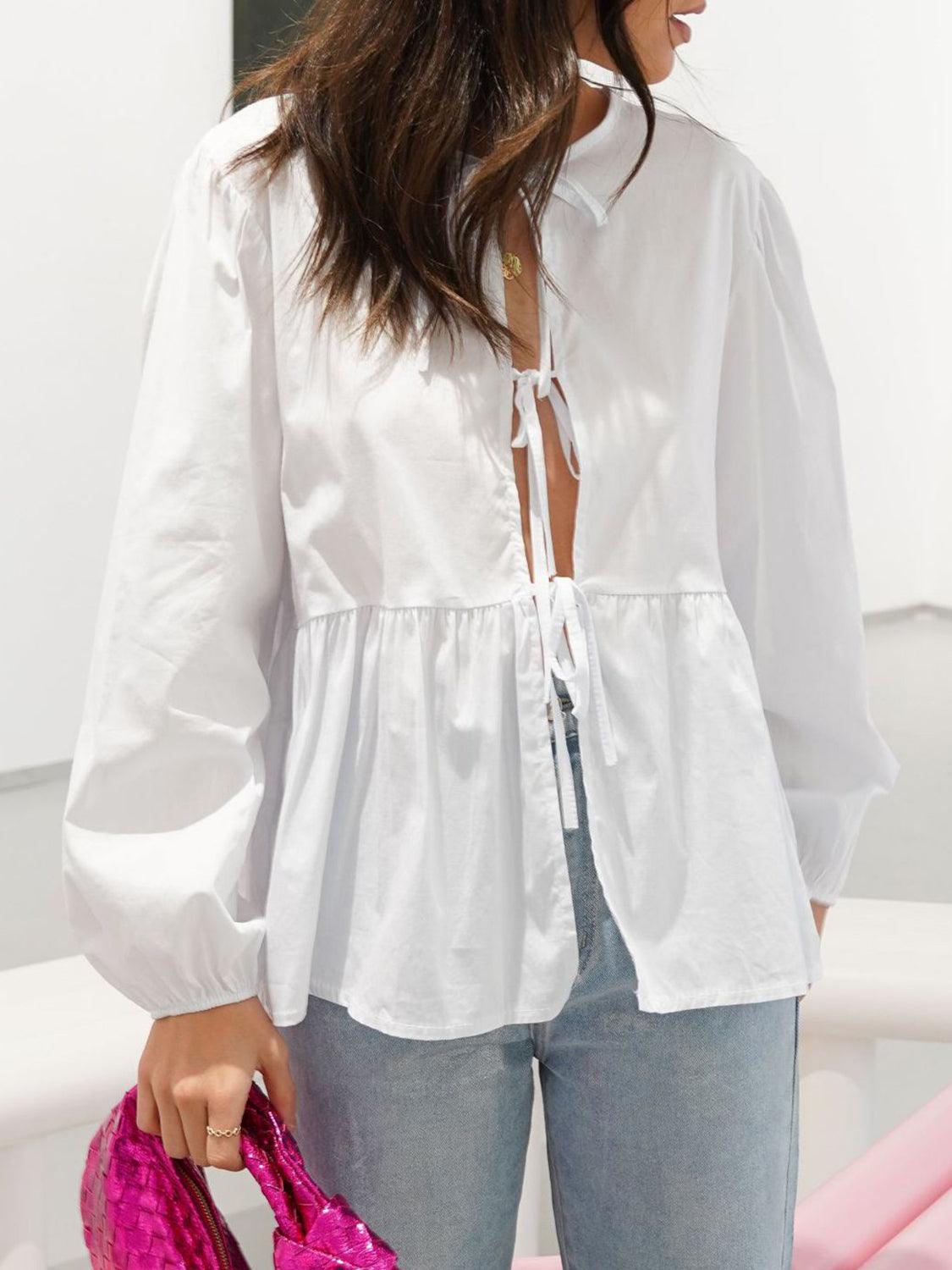 Open Tie-Front Long Sleeve Blouse Blouses Trends
