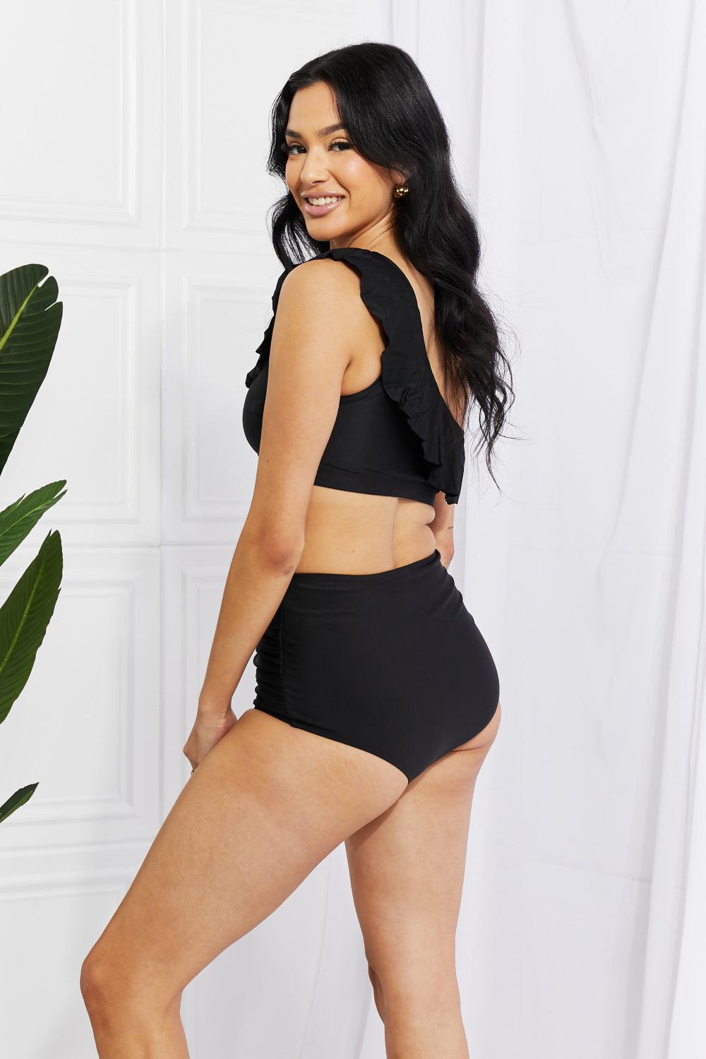 Marina West Swim Seaside Romance Ruffle One-Shoulder Bikini in Black Swimwear Trendsi