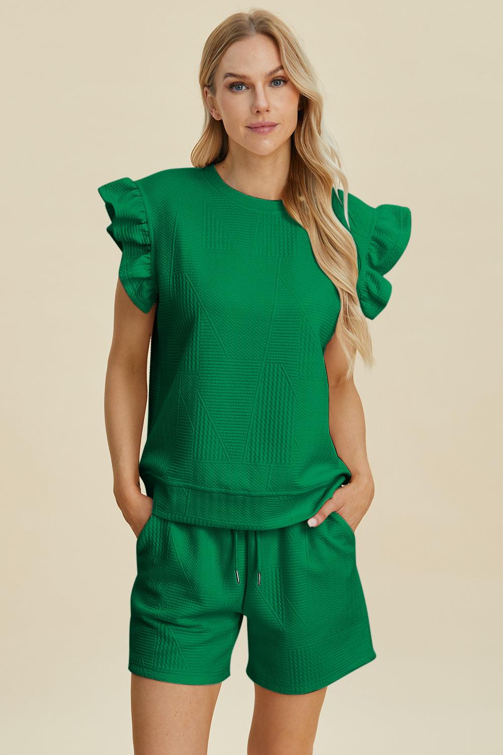 Double Take Texture Round Neck Ruffle Sleeve Top and Short Set Short Set Trends Dark Green S