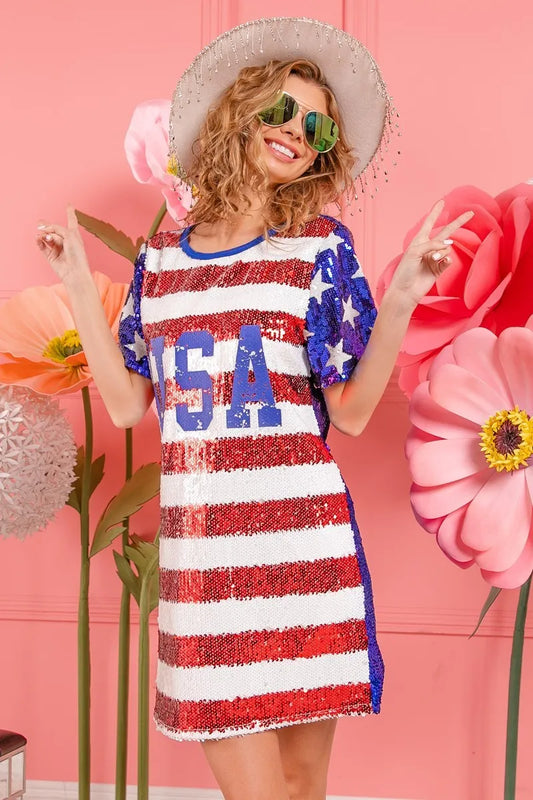 BiBi American Flag Theme Usa Print Sequin Dress Dresses Trends