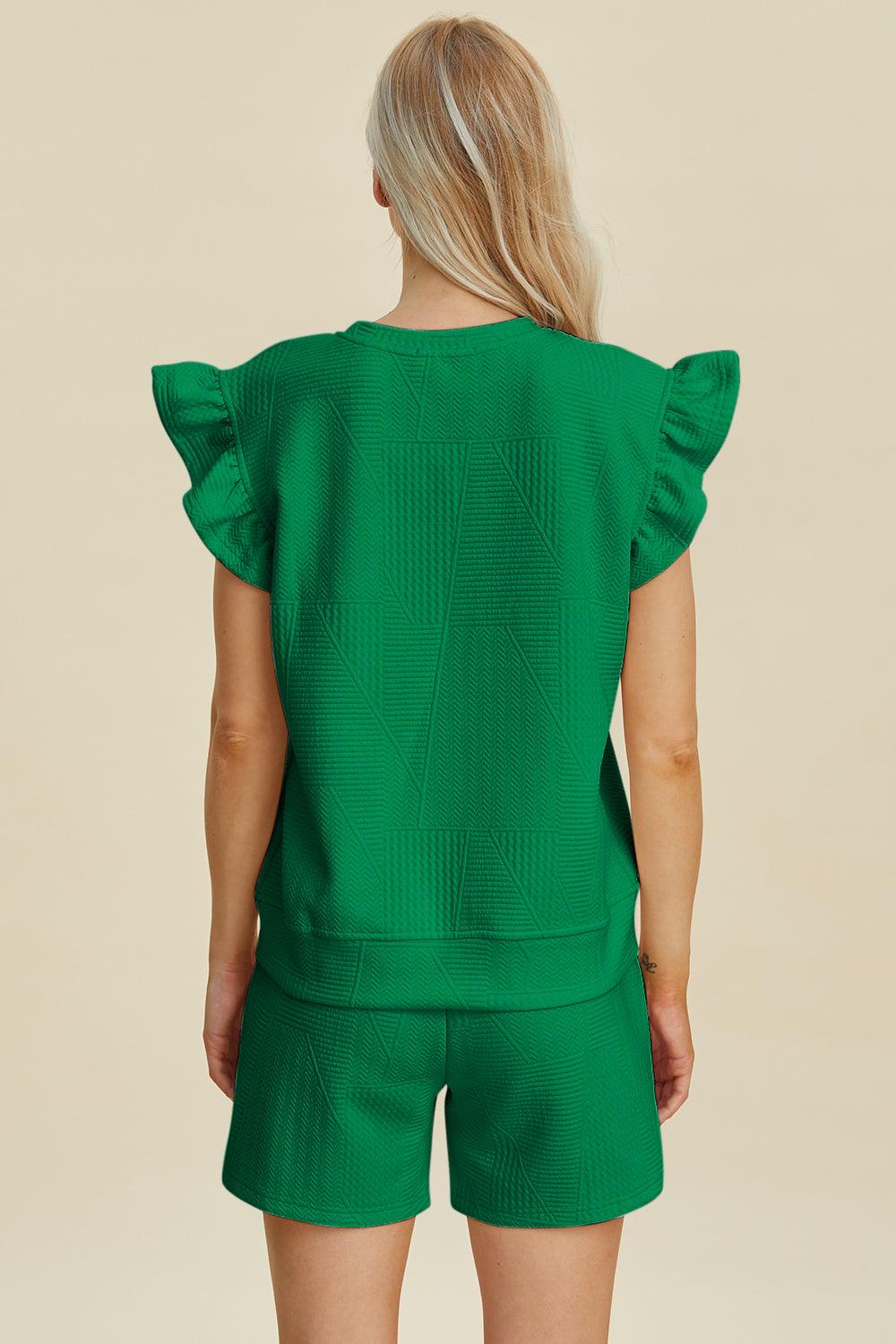 Double Take Texture Round Neck Ruffle Sleeve Top and Short Set Short Set Trends