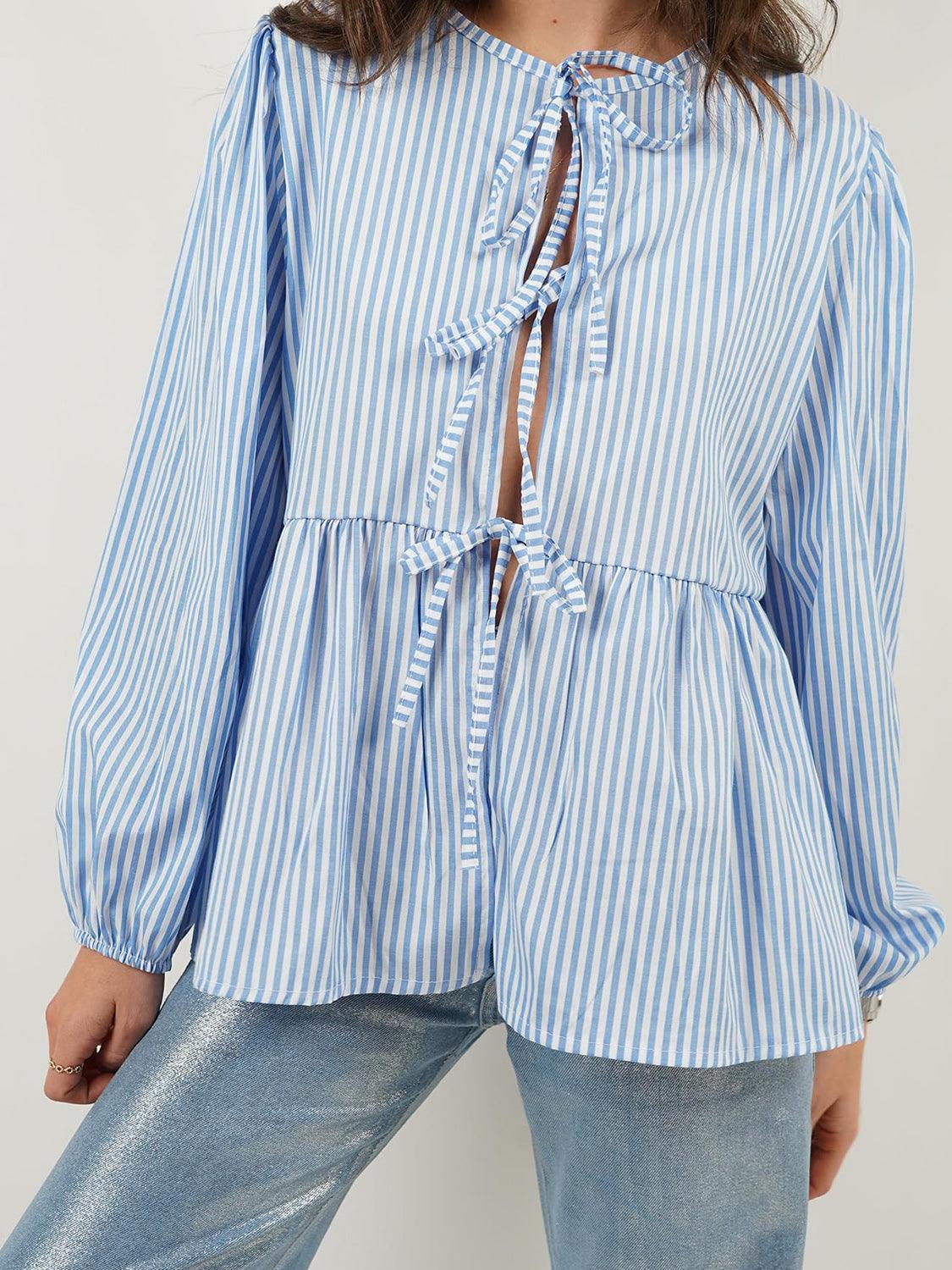 Open Tie-Front Long Sleeve Blouse Blouses Trends Stripe S