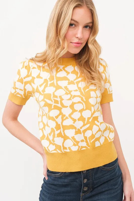 And The Why Short Sleeve Leaf Pattern Knit Top Tops Trends MUSTARD S
