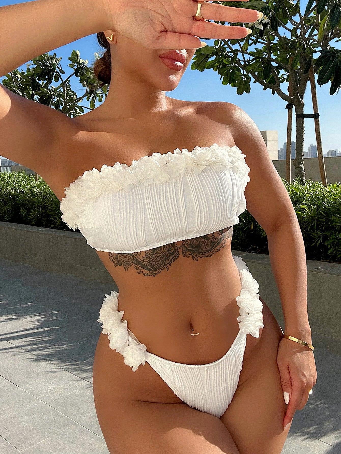 Applique Tie Back Two-Piece Bikini Set Swimwear Trendsi White S