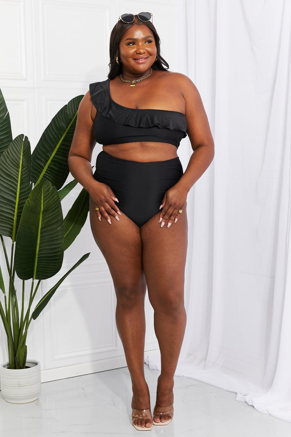 Marina West Swim Seaside Romance Ruffle One-Shoulder Bikini in Black Swimwear Trendsi
