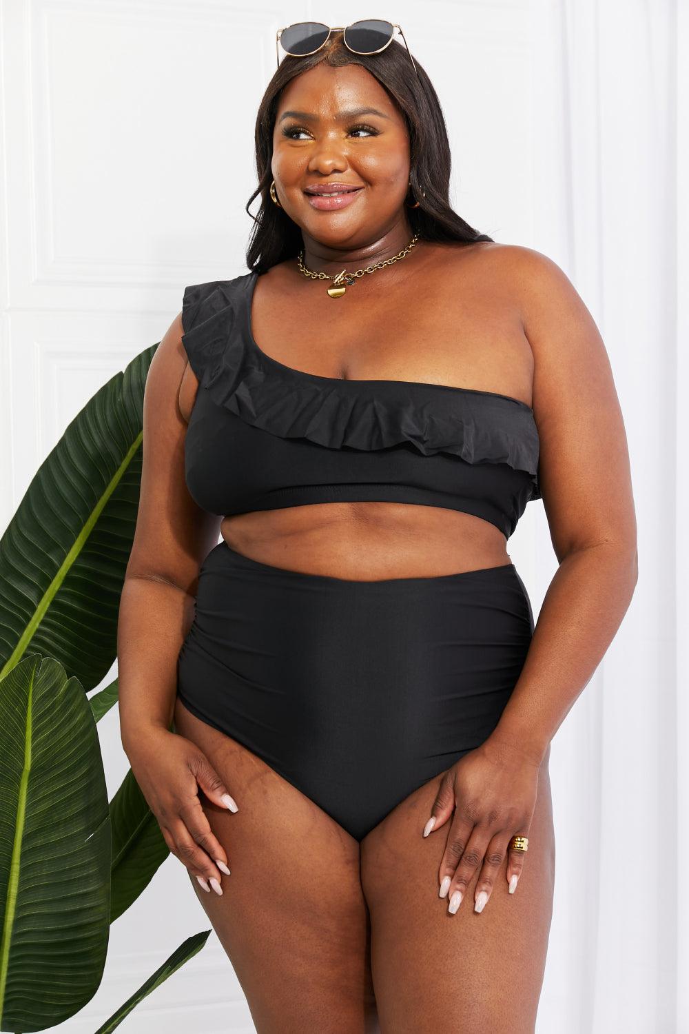 Marina West Swim Seaside Romance Ruffle One-Shoulder Bikini in Black Swimwear Trendsi
