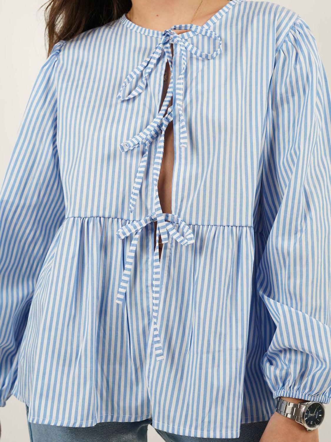 Open Tie-Front Long Sleeve Blouse Blouses Trends