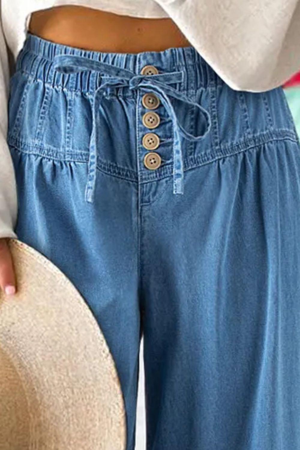 Drawstring Elastic Waist Wide Leg Jeans Pants Trendsi
