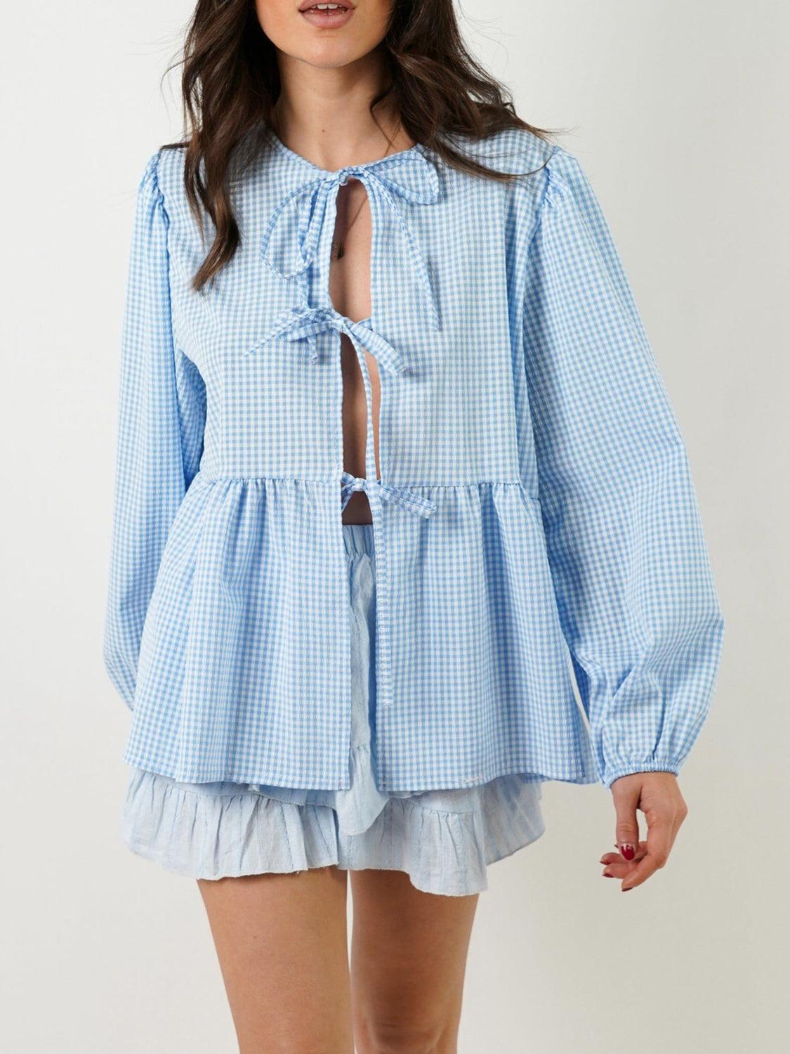 Open Tie-Front Long Sleeve Blouse Blouses Trends Light Blue S