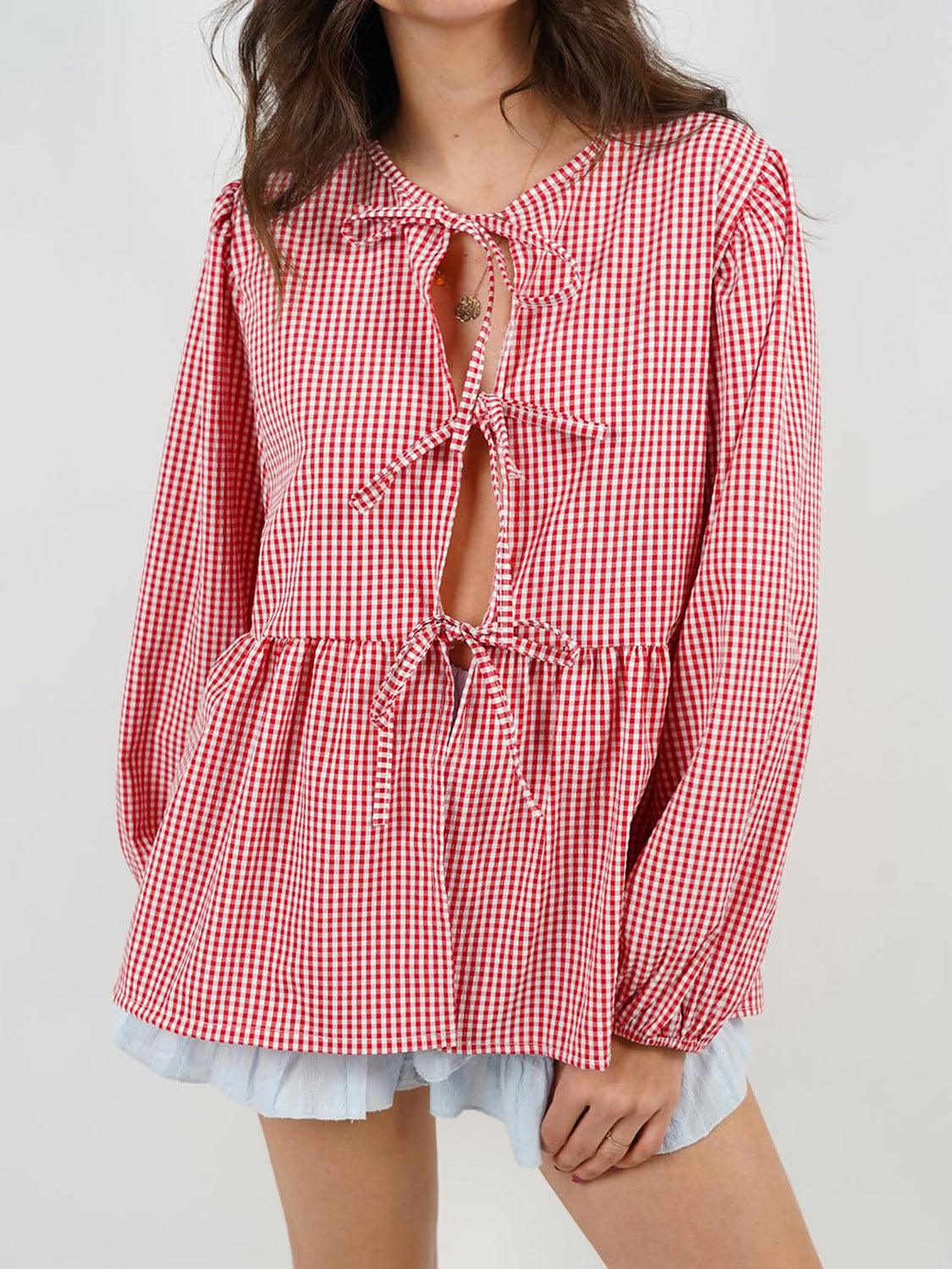 Open Tie-Front Long Sleeve Blouse Blouses Trends Red S