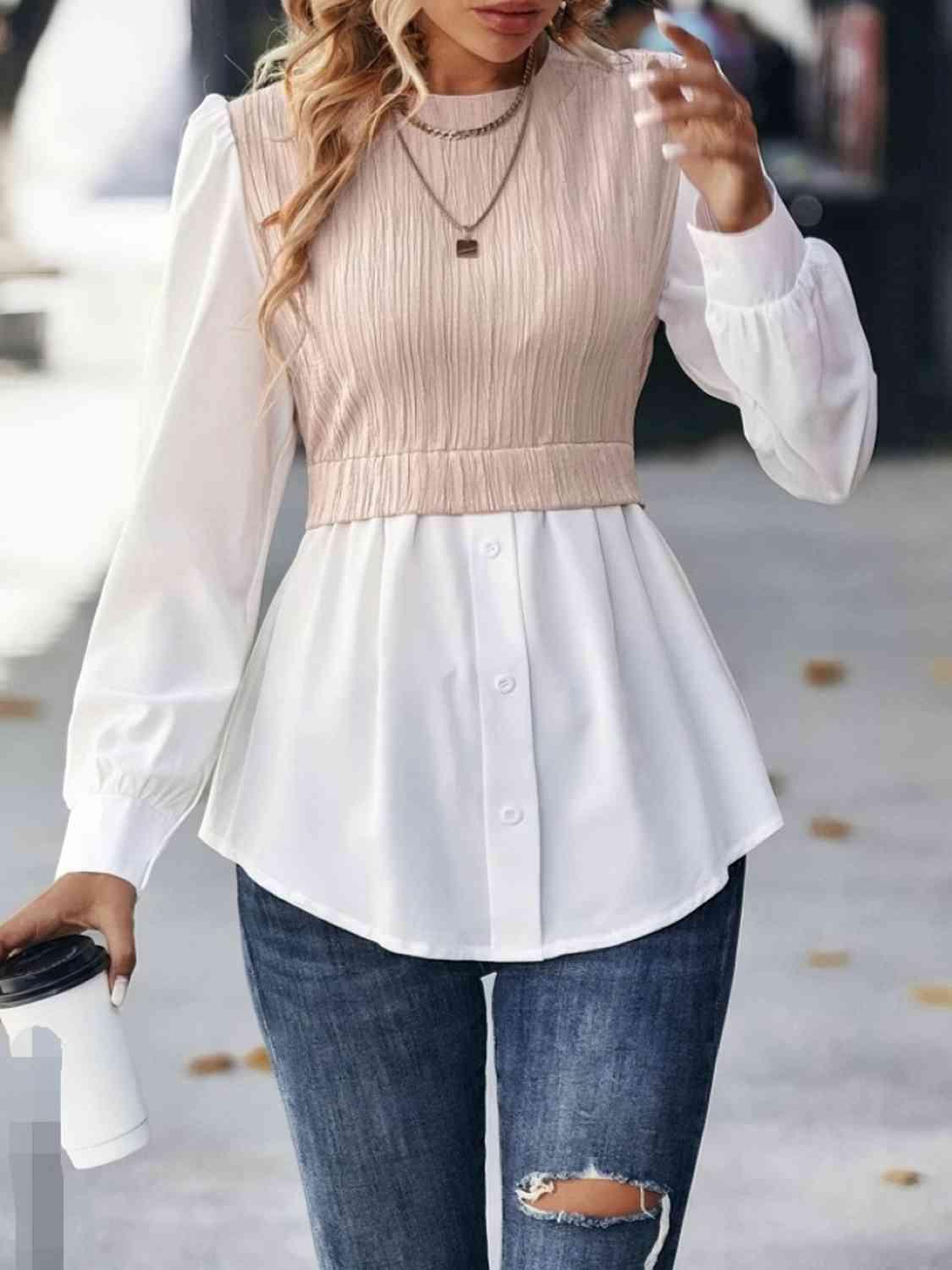 Cable Mock Vest Detail Blouse Blouses Trends