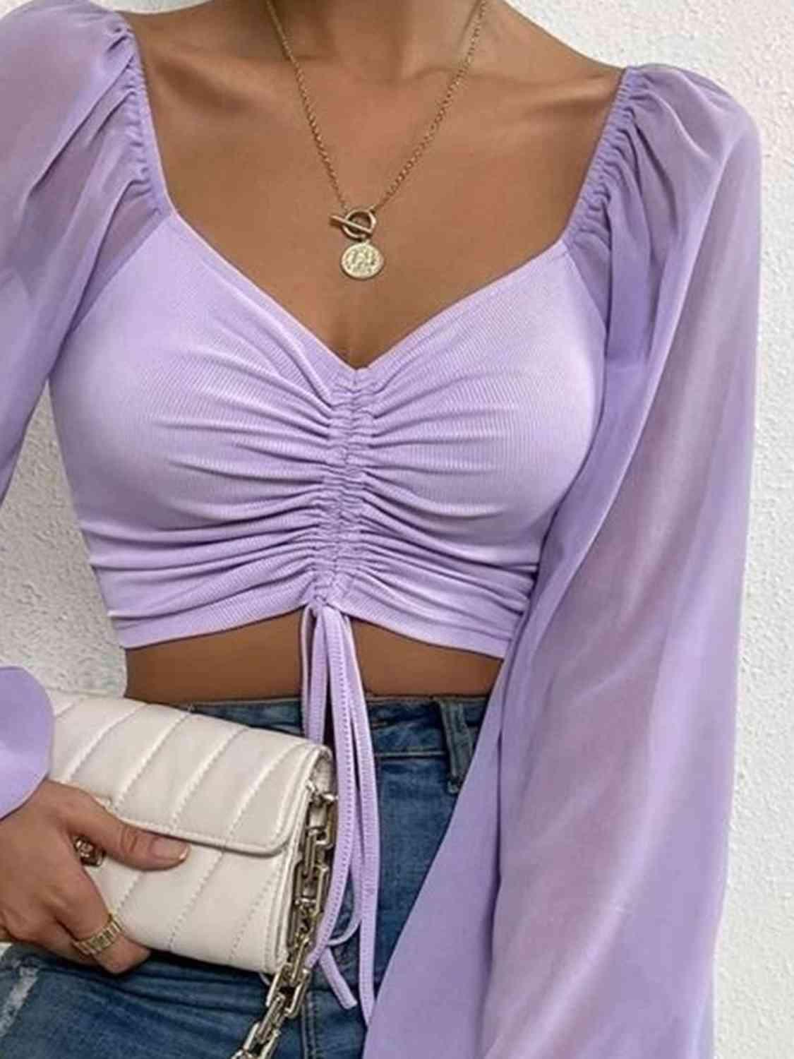 Drawstring Sweetheart Neck Crop Top Blouses Trendsi