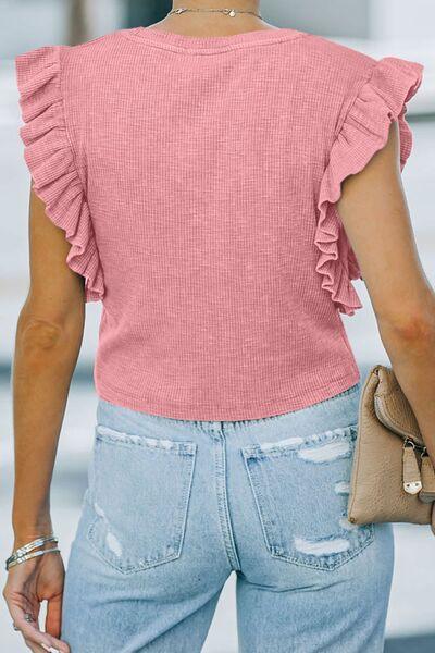 Ruffled Round Neck Cap Sleeve Blouse Blouses Trendsi