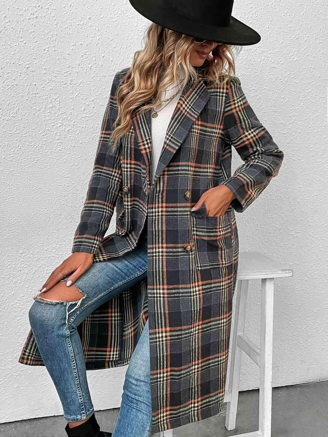 Plaid Lapel Collar Trench Coat Coats Trendsi