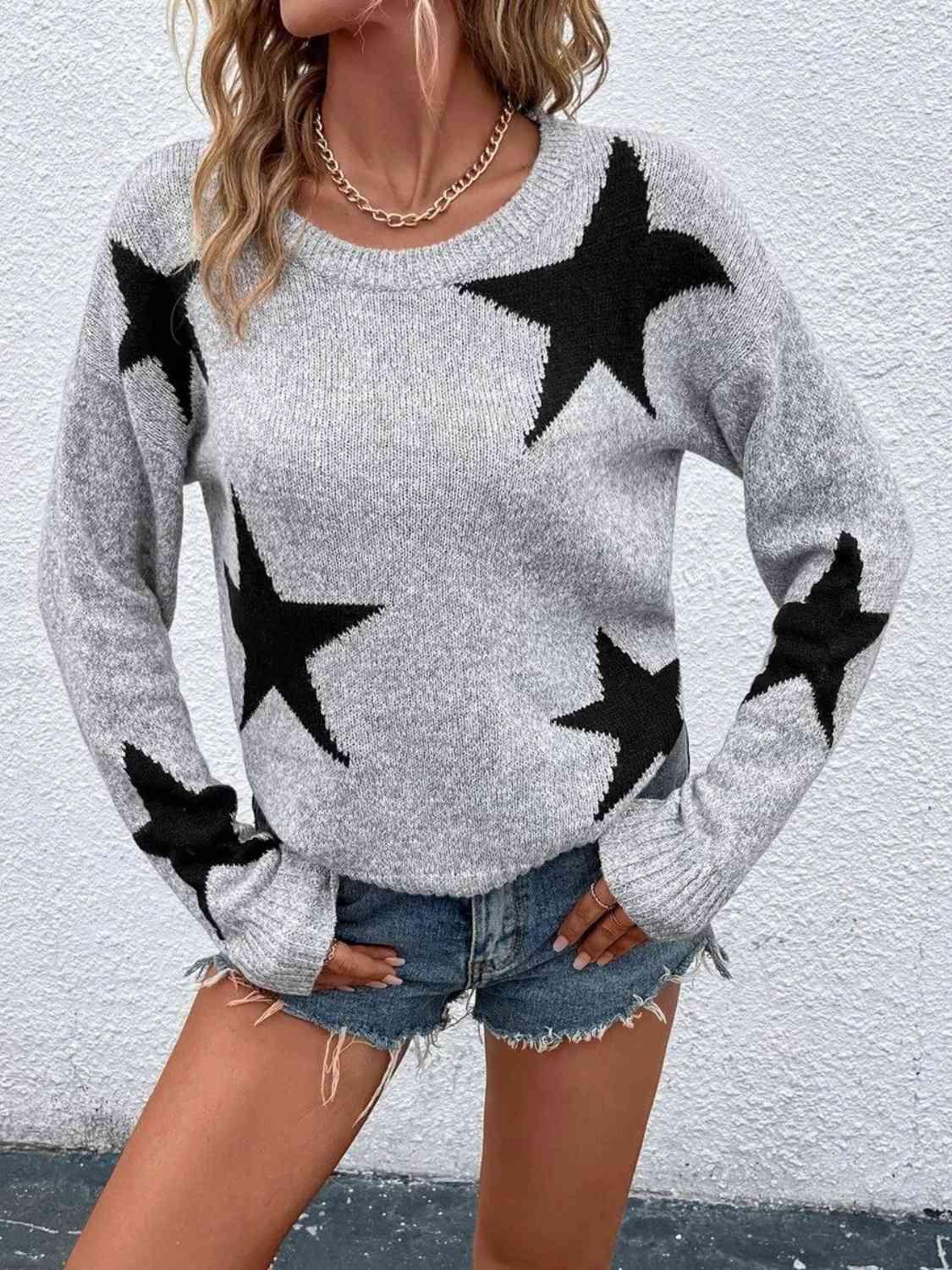 Star Long Sleeve Sweater Tops Trendsi