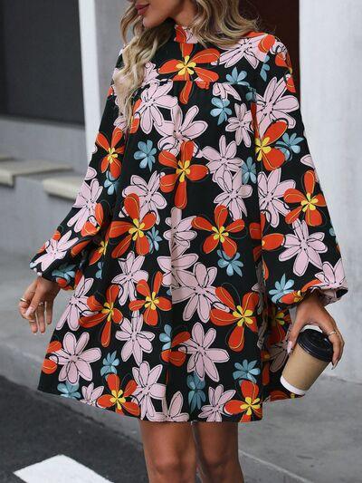 Floral Mock Neck Balloon Sleeve Dress Dresses Trendsi