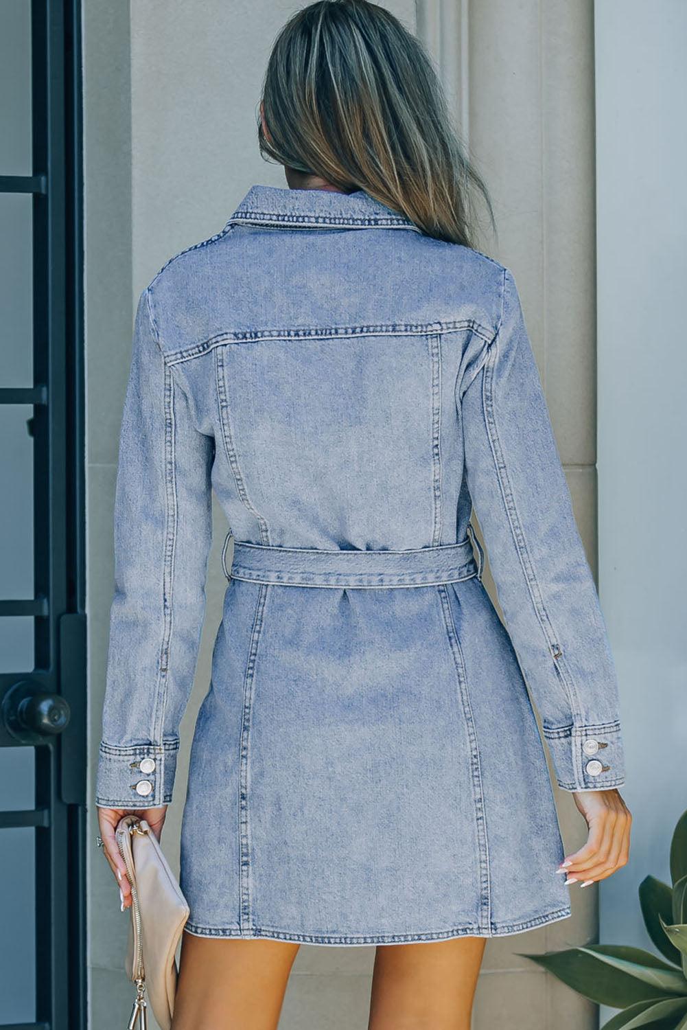 Button Down Belted Denim Dress Dresses White