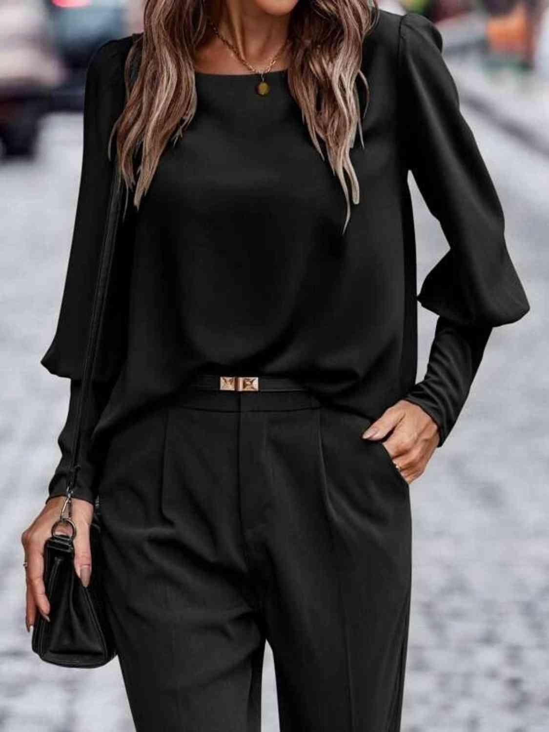 Round Neck Lantern Sleeve Blouse Blouses Trends Black S