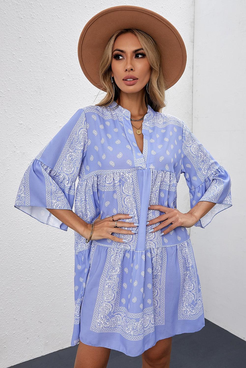 Paisley Three-Quarter Sleeve Mini Dress Dresses White