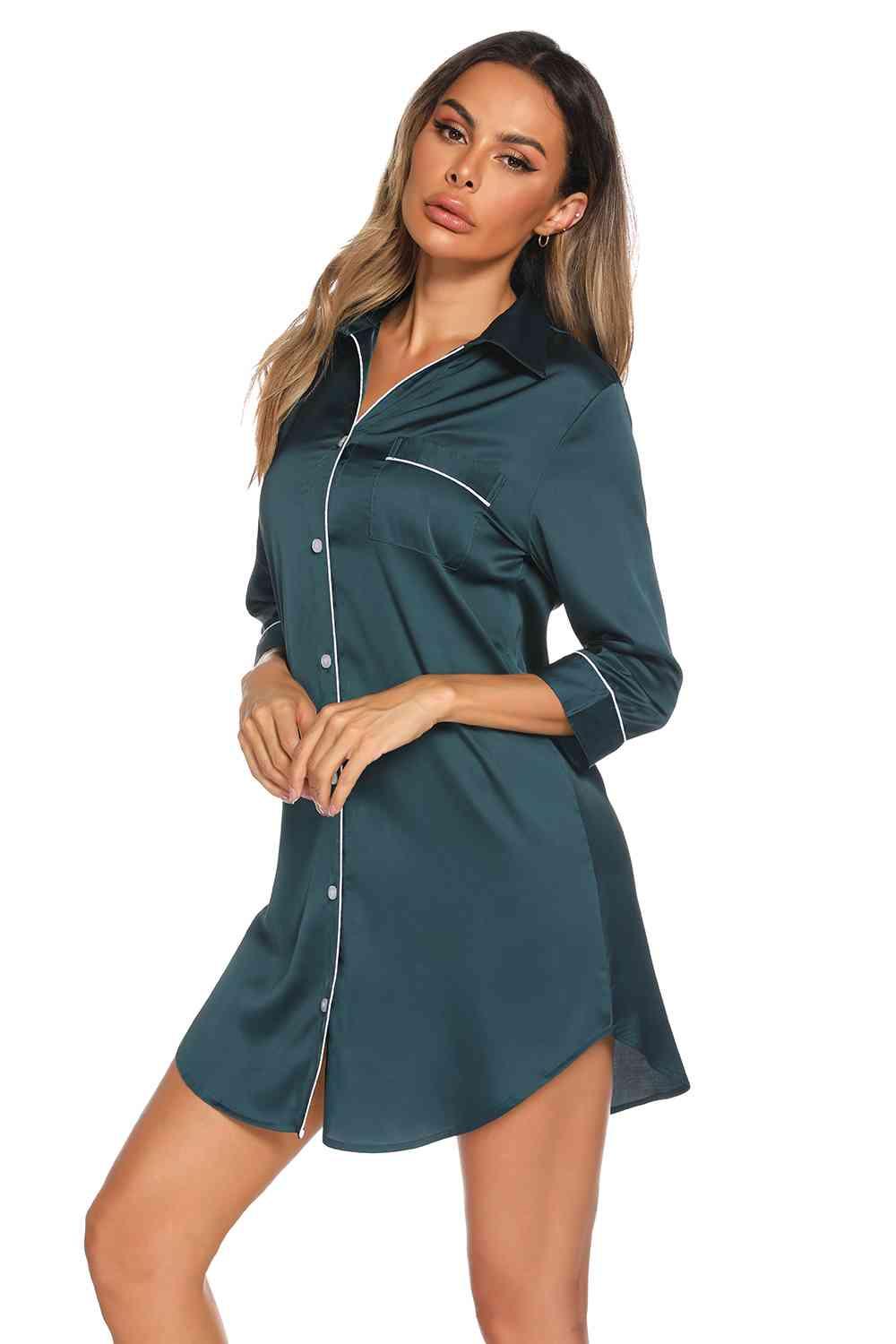 Button Up Collared Neck Night Dress with Pocket Loungewear Trend
