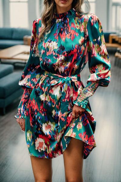 Printed Tied Lantern Sleeve Mini Dress Dresses Trendsi