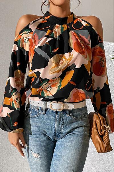 Floral Cold Shoulder Balloon Sleeve Blouse Blouses Trends Black S