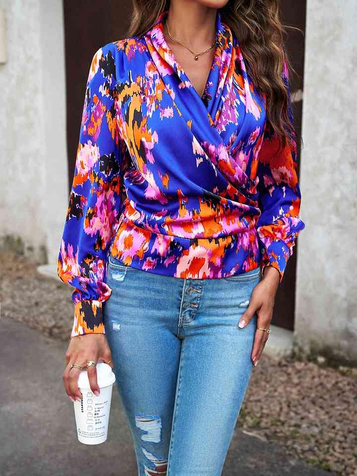 Printed Long Sleeve Wrap Look Blouse Blouses Trendsi
