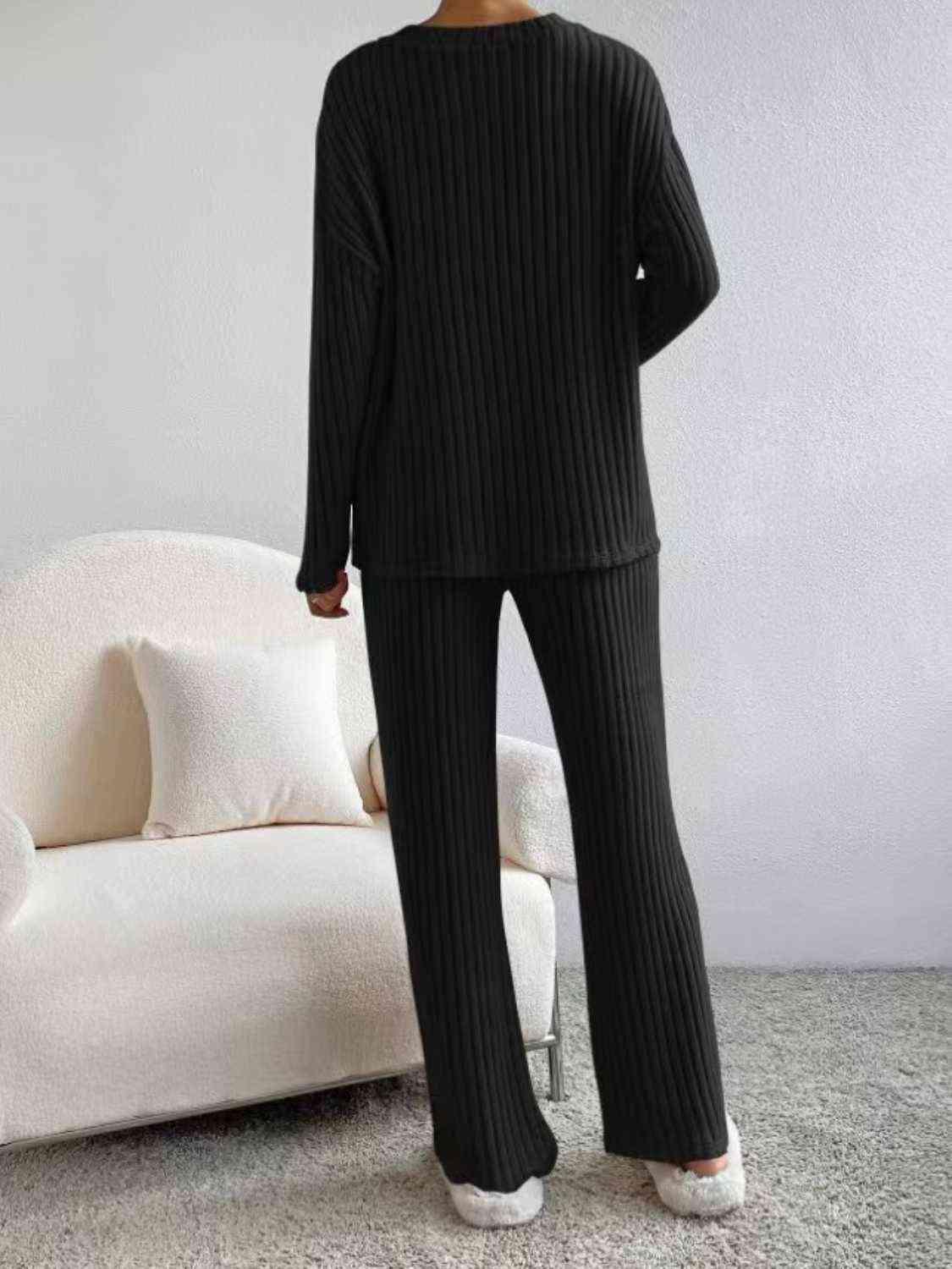 Ribbed V-Neck Long Sleeve Top and Pants Set Pant Set Trendsi