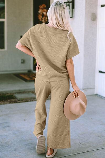 Texture Short Sleeve Top and Pant Set Pant Set Trend