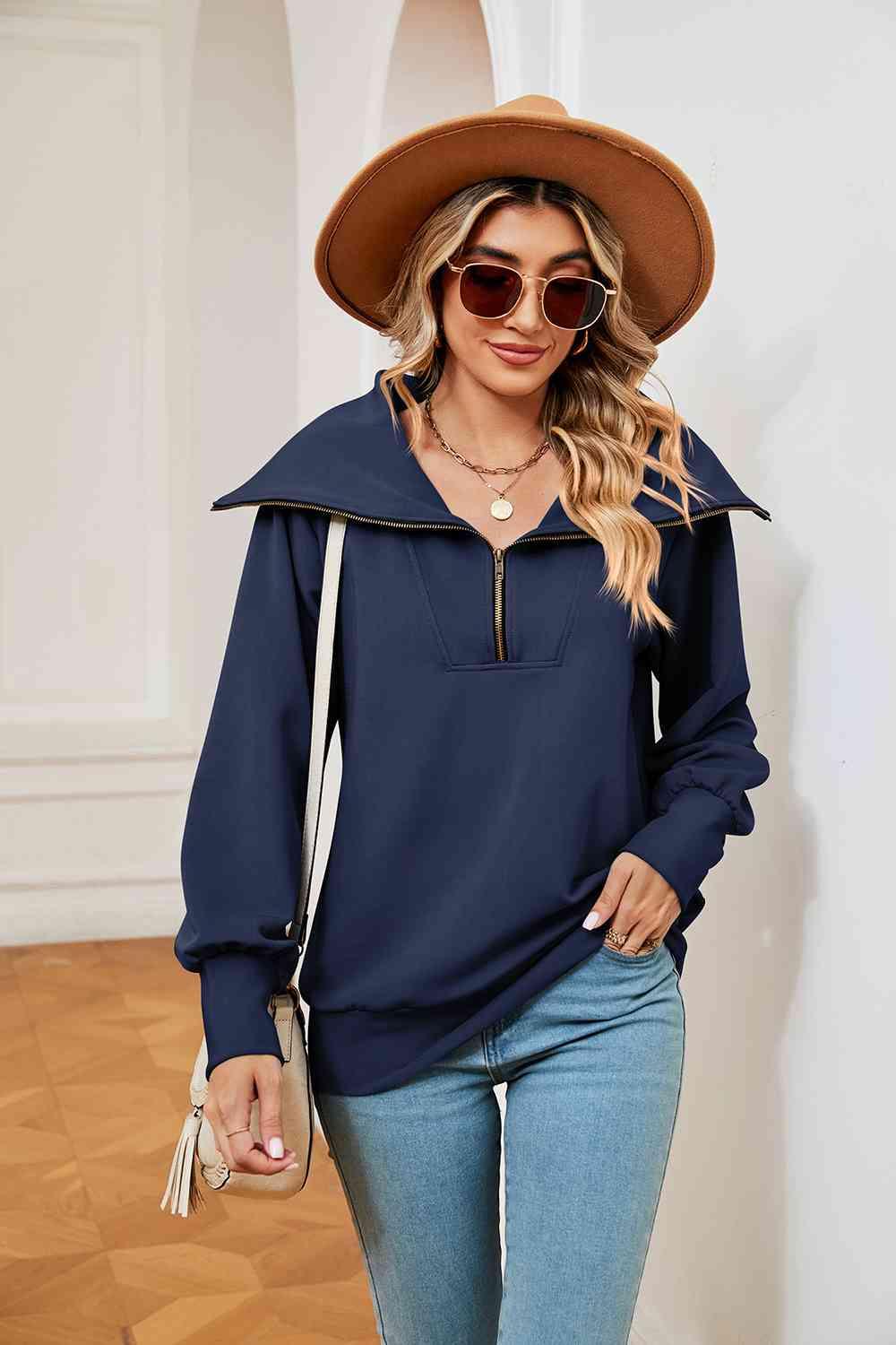 Half-Zip Collared Sweatshirt Sweatshirts Trends Peacock Blue S