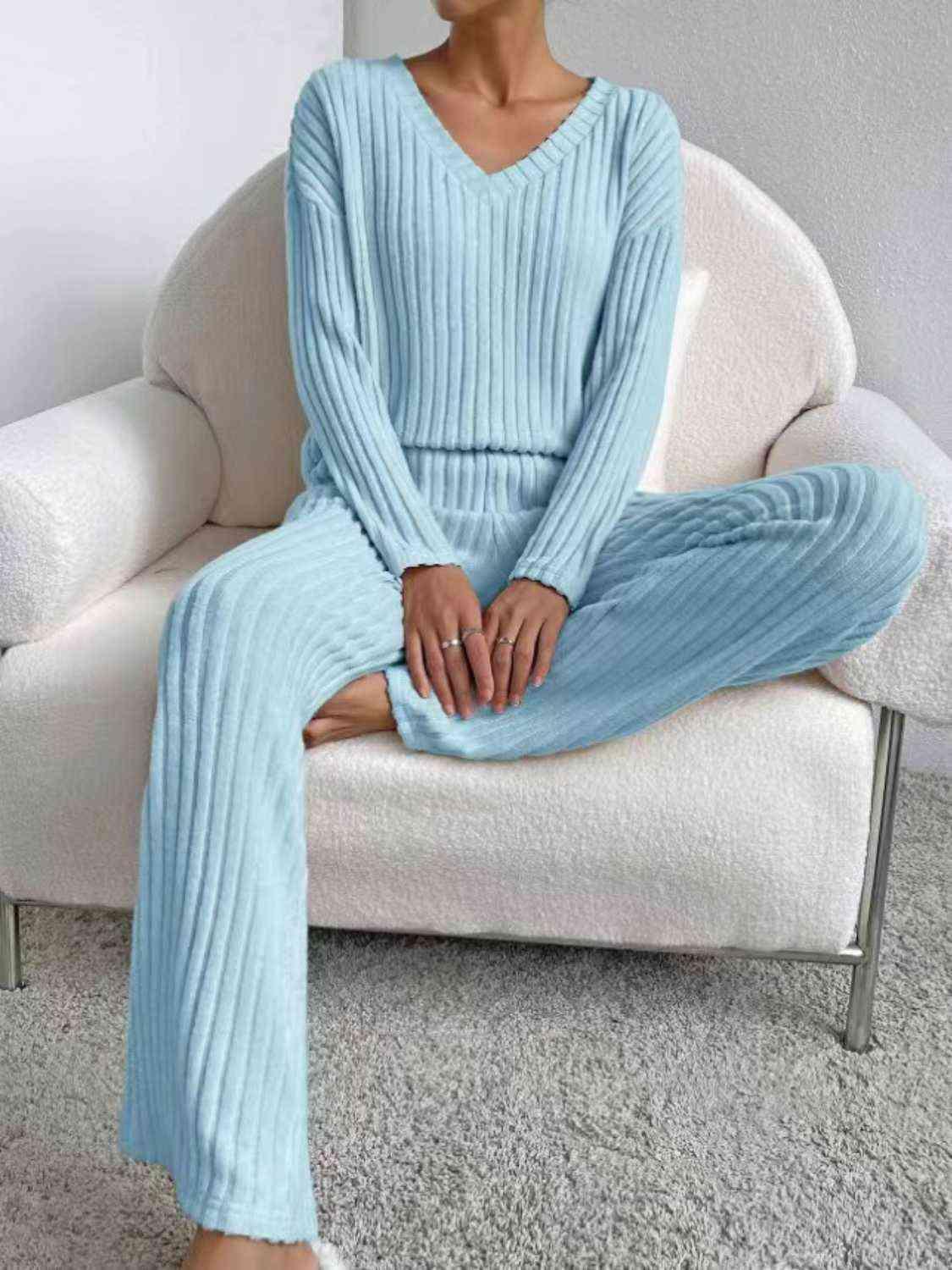 Ribbed V-Neck Long Sleeve Top and Pants Set Pant Set Trendsi
