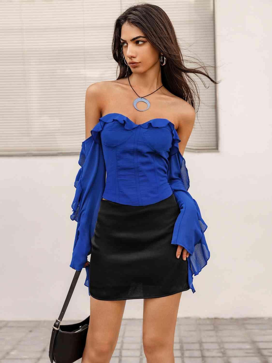 Ruffled Off-Shoulder Top Tops Trendsi Royal Blue S