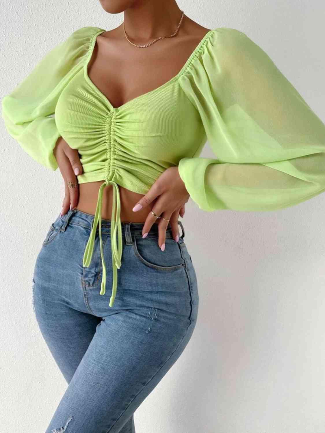 Drawstring Sweetheart Neck Crop Top Blouses Trendsi Lime S