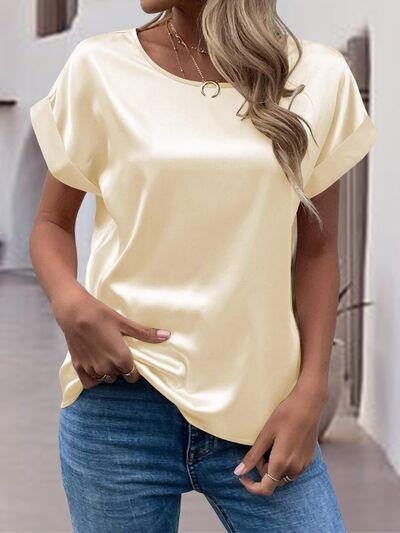 Round Neck Shiny T-Shirt Blouses Trendsi Ivory S