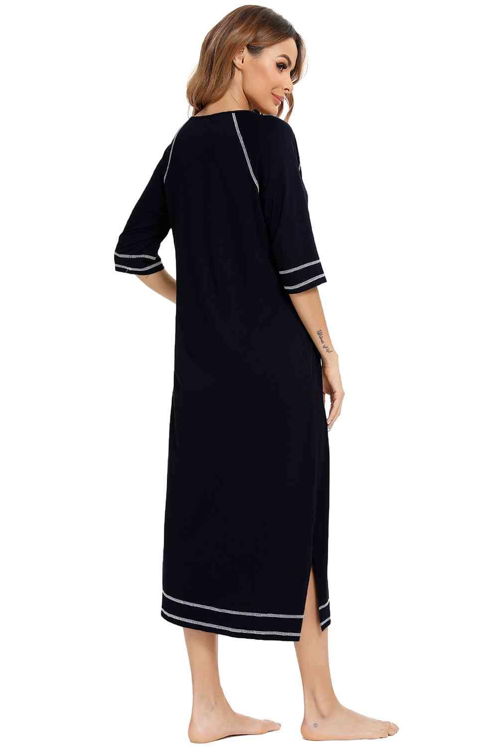 Zip Up Slit Round Neck Night Dress with Pockets Loungewear Trendsi