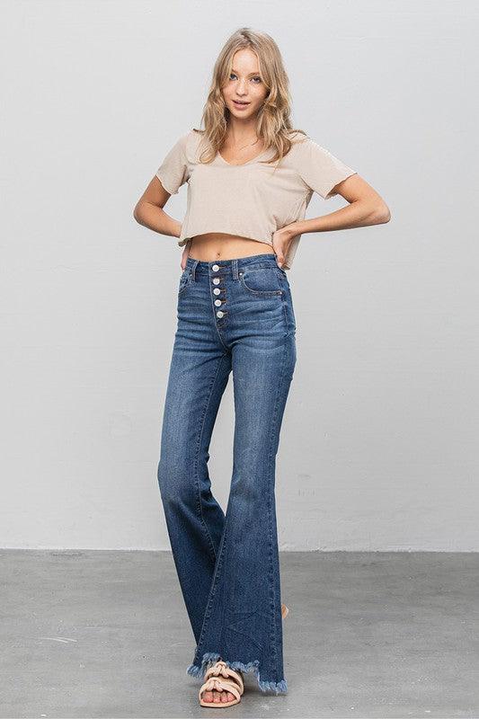 Button Fly Fray Hem Flare Jeans Jeans Denim Lab USA