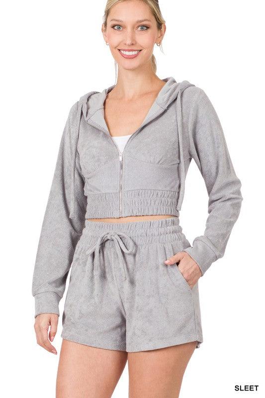 Loop Terry Zip-Up Cropped Hoodie and Short Set Short Set ZENANA