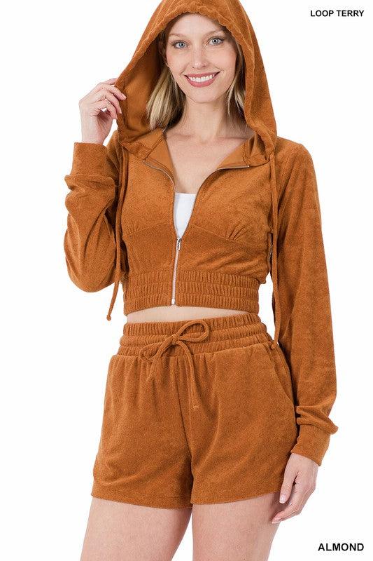 Loop Terry Zip-Up Cropped Hoodie and Short Set Short Set ZENANA