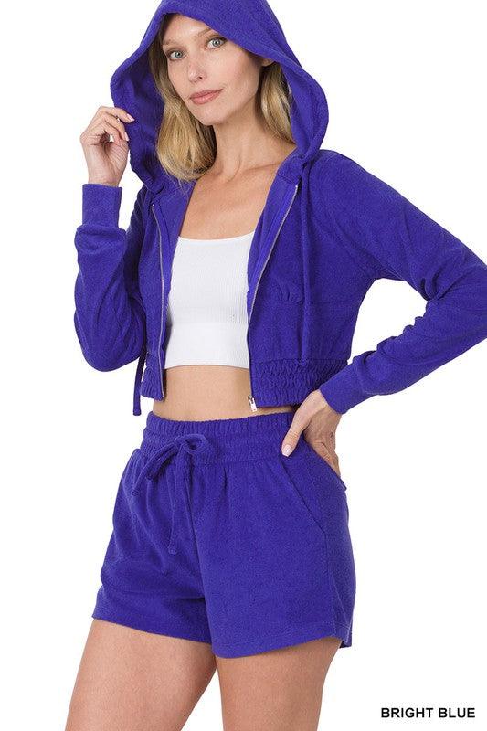 Loop Terry Zip-Up Cropped Hoodie and Short Set Short Set ZENANA