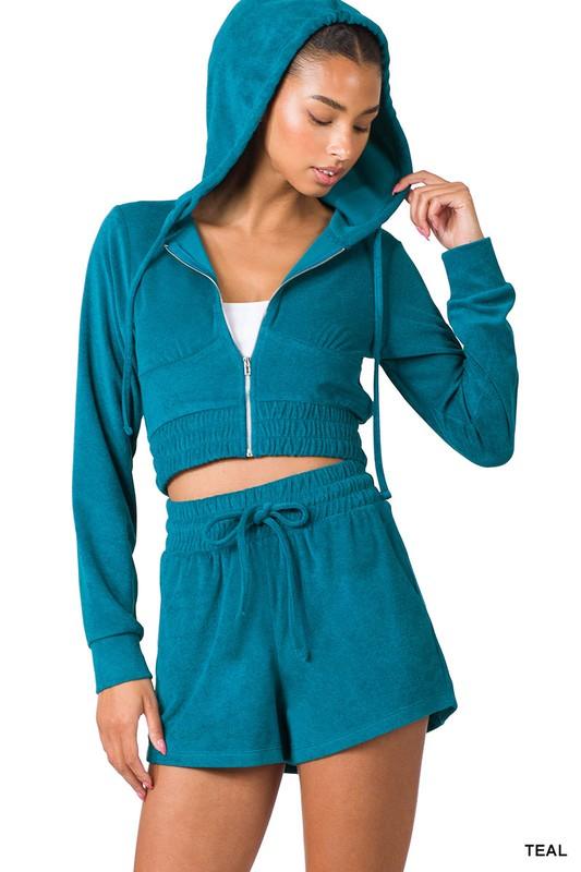 Loop Terry Zip-Up Cropped Hoodie and Short Set Short Set ZENANA