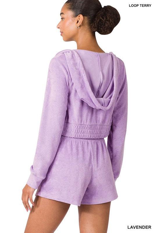 Loop Terry Zip-Up Cropped Hoodie and Short Set Short Set ZENANA