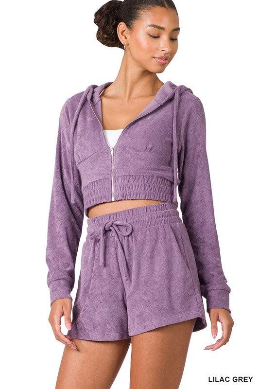 Loop Terry Zip-Up Cropped Hoodie and Short Set Short Set ZENANA