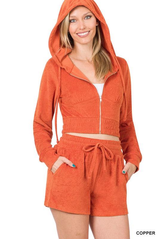 Loop Terry Zip-Up Cropped Hoodie and Short Set Short Set ZENANA